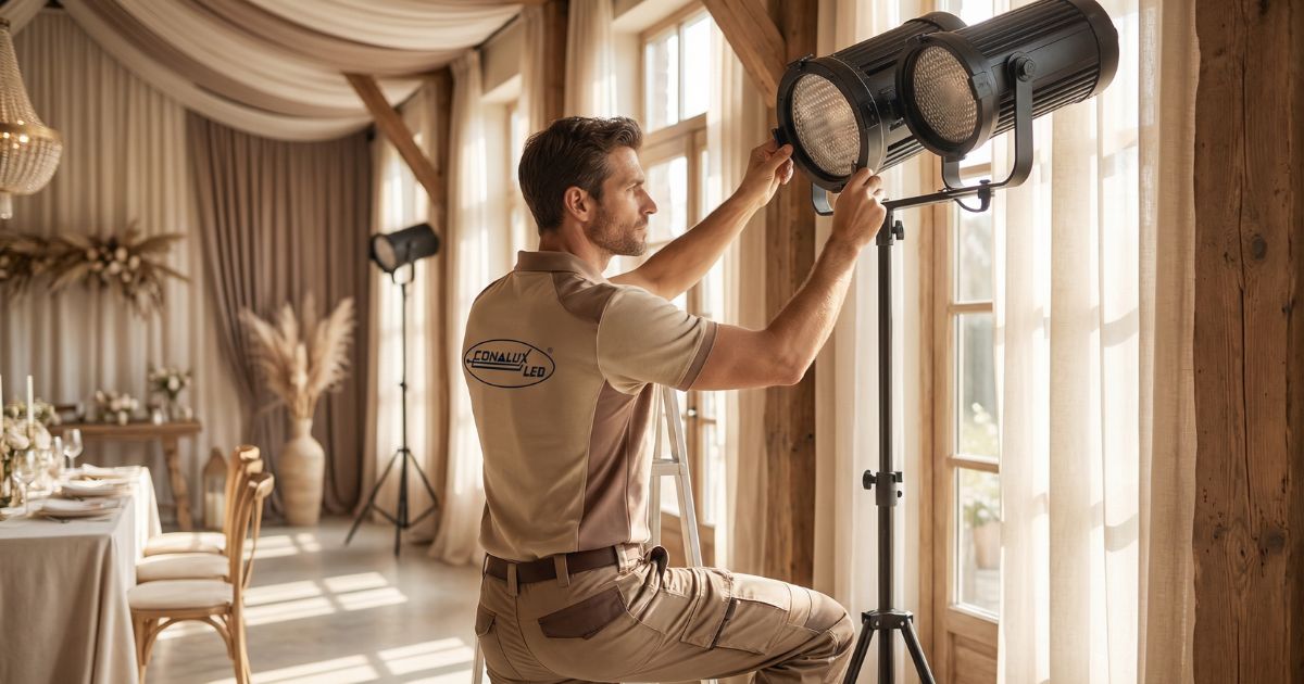 Techniker justiert professionelle Beleuchtung bei Veranstaltung